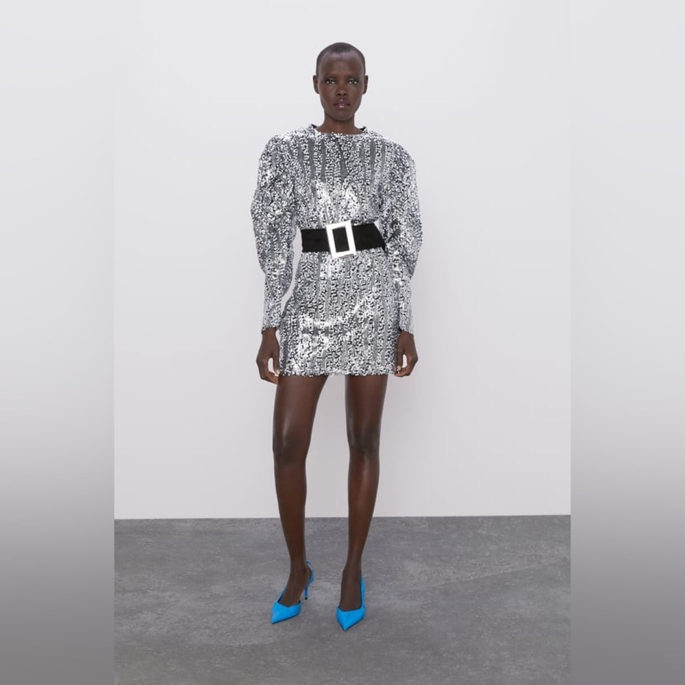 Zara White & Silver💎💎💎 Sequin Belted Mini Dress - Sz Large - NWT SALE - Picture 2 of 11
